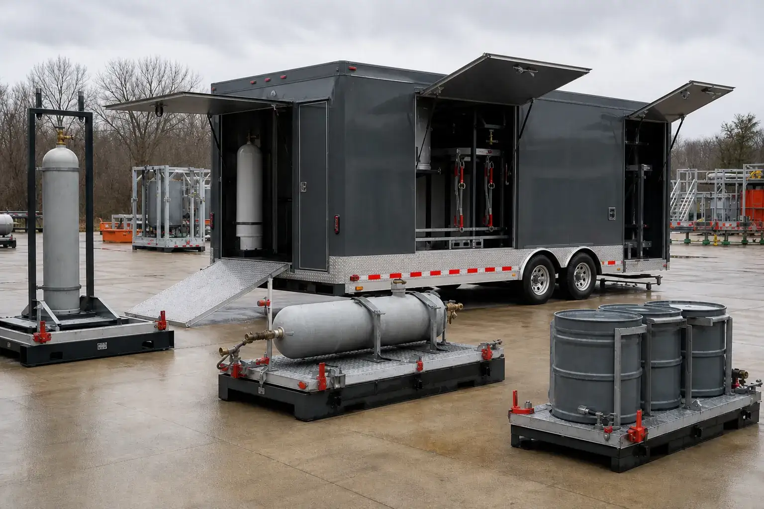 Mobile hazmat training trailer · side doors open with props deployed