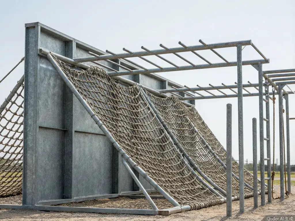 Obstacle course with wall climb and cargo net