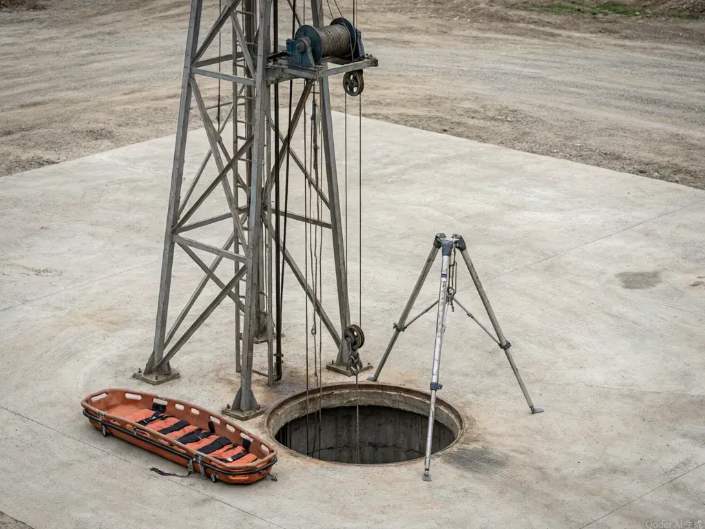 Vertical shaft rescue training rig with tripod and winch