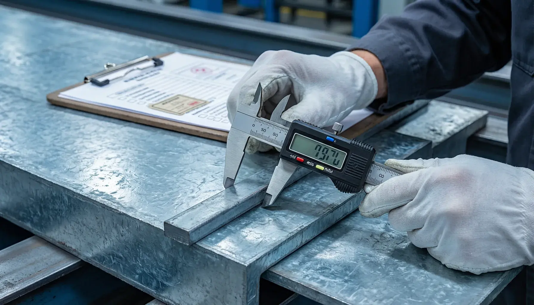 QC inspector measuring galvanized steel plate — quality control in action